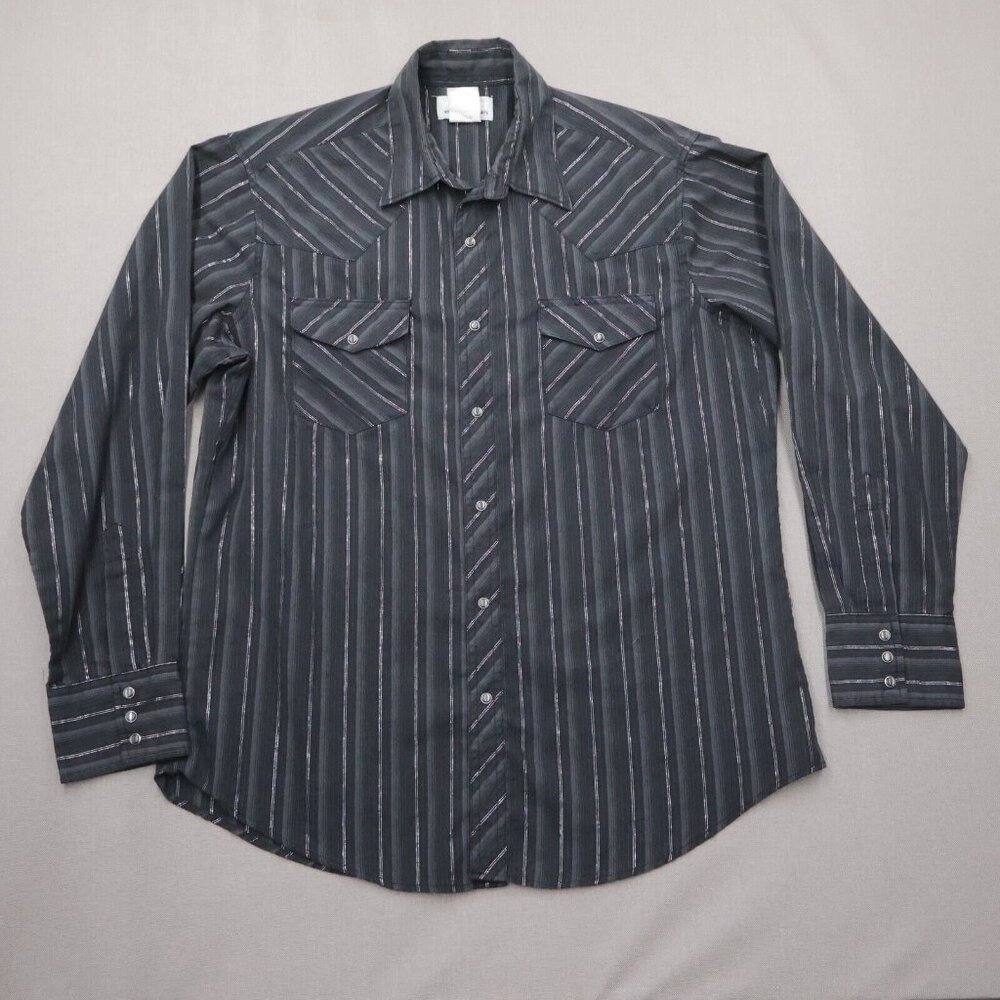 Wrangler Wrancher Shirt Mens L Black Gray Striped Pearl Snap Yoke Rodeo Cowboy